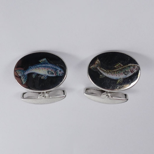 12 - A pair of 18ct white gold cufflinks with enamel fish design, Birm. 1999, 15.2 grams, 18.4mm.