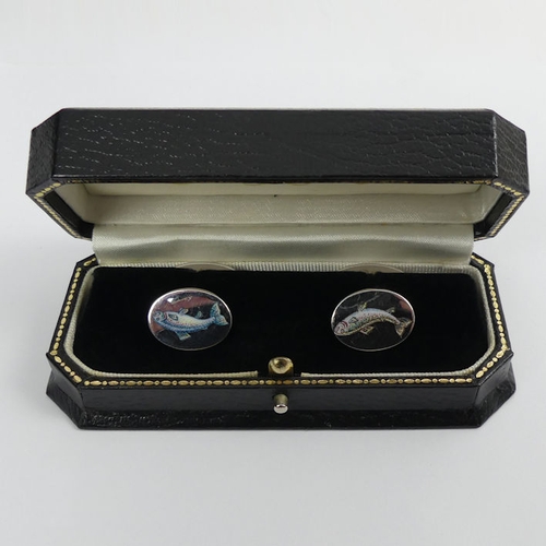 12 - A pair of 18ct white gold cufflinks with enamel fish design, Birm. 1999, 15.2 grams, 18.4mm.