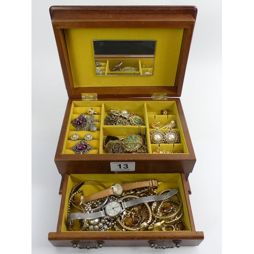 13 - A jewellery box and contents including silver items and watches.