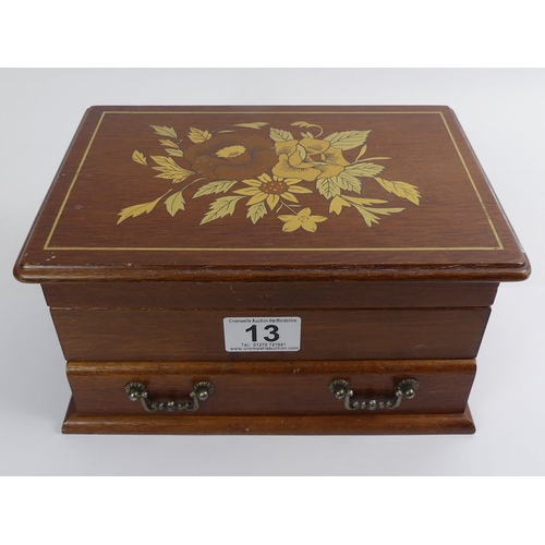 13 - A jewellery box and contents including silver items and watches.