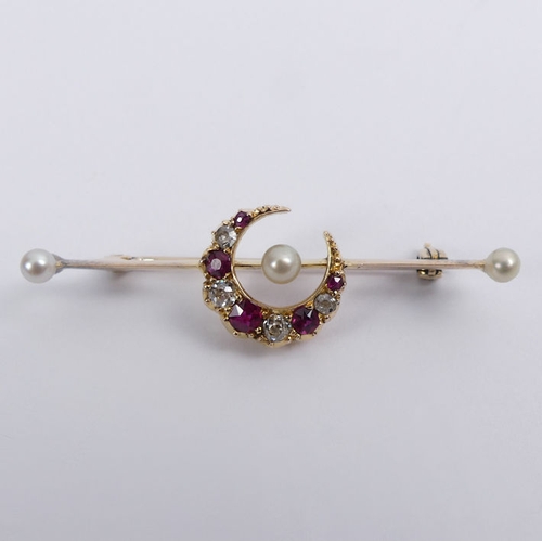 16 - 9ct gold, ruby, diamond and cultured pearl crescent and bar brooch, 3.1 grams, 45mm x 13.3mm.