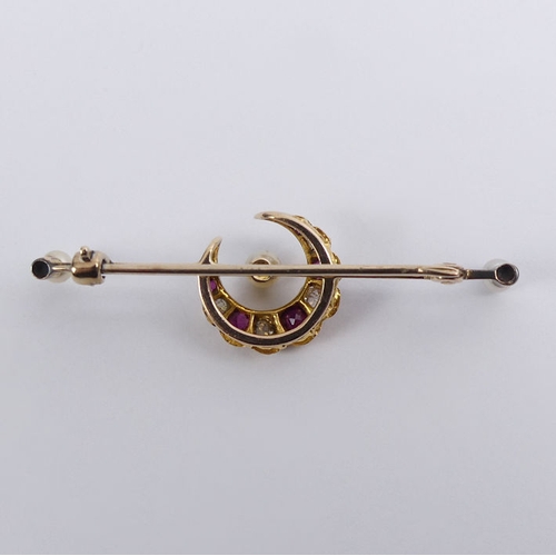 16 - 9ct gold, ruby, diamond and cultured pearl crescent and bar brooch, 3.1 grams, 45mm x 13.3mm.