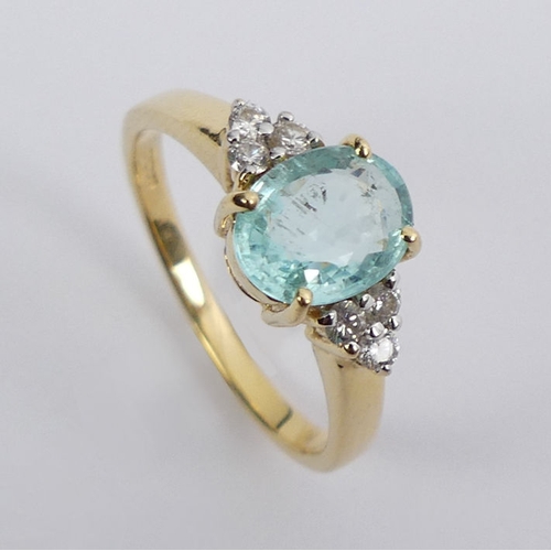 17 - 18ct gold, aquamarine and diamond ring, 3.6 grams, 8mm, size N.