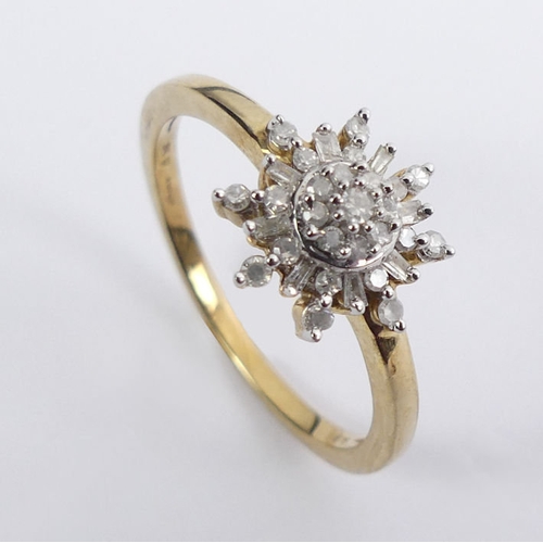 20 - 9ct gold snowflake design diamond ring, 2.5 grams, 10.5mm, size P1/2.