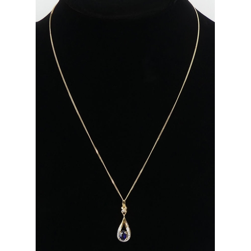 25 - 9ct gold, sapphire and diamond pendant and chain, 3.2 grams, pendant 31mm chain 45cm.