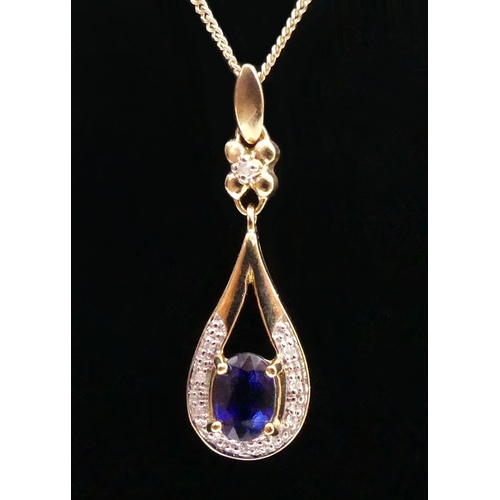 25 - 9ct gold, sapphire and diamond pendant and chain, 3.2 grams, pendant 31mm chain 45cm.