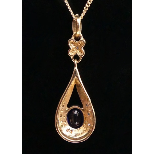 25 - 9ct gold, sapphire and diamond pendant and chain, 3.2 grams, pendant 31mm chain 45cm.