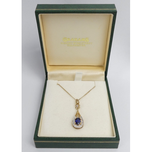 25 - 9ct gold, sapphire and diamond pendant and chain, 3.2 grams, pendant 31mm chain 45cm.