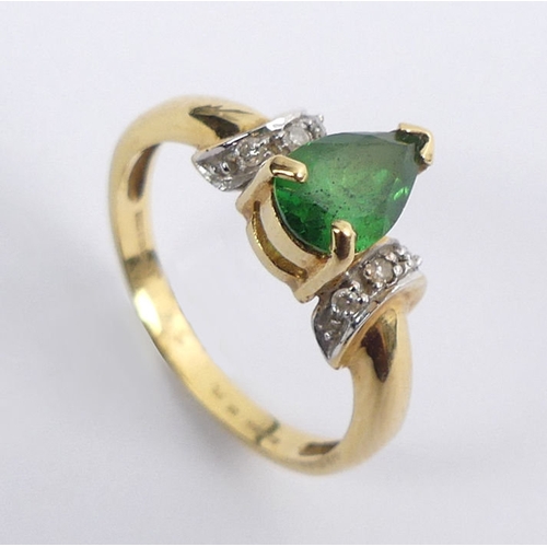 29 - 18ct gold pear shape emerald and diamond ring, 3.5 grams, 8.5mm, size M.