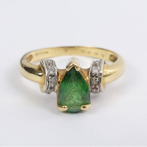 29 - 18ct gold pear shape emerald and diamond ring, 3.5 grams, 8.5mm, size M.