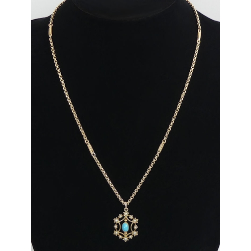 3 - 9ct gold, turquoise and seed pearl pendant and chain, 8.6 grams, pendant 33mm long, chain 50cm x 2.9... 