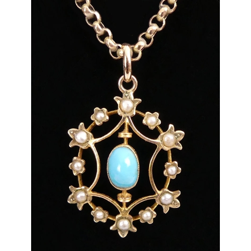 3 - 9ct gold, turquoise and seed pearl pendant and chain, 8.6 grams, pendant 33mm long, chain 50cm x 2.9... 