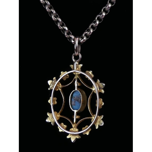 3 - 9ct gold, turquoise and seed pearl pendant and chain, 8.6 grams, pendant 33mm long, chain 50cm x 2.9... 