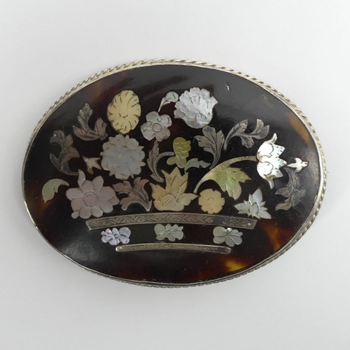 32 - Victorian tortoiseshell, mother of pearl inlaid silver brooch, 22 grams, 60mm x 82mm.