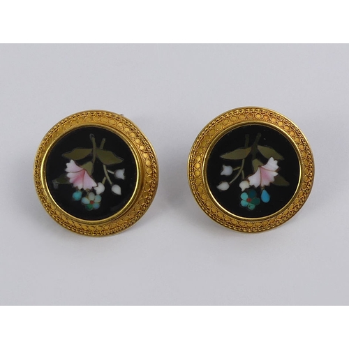 33 - A pair of 19th century gold mounted Pietra Dura floral design earrings, 5.7 grams, 21.5mm.