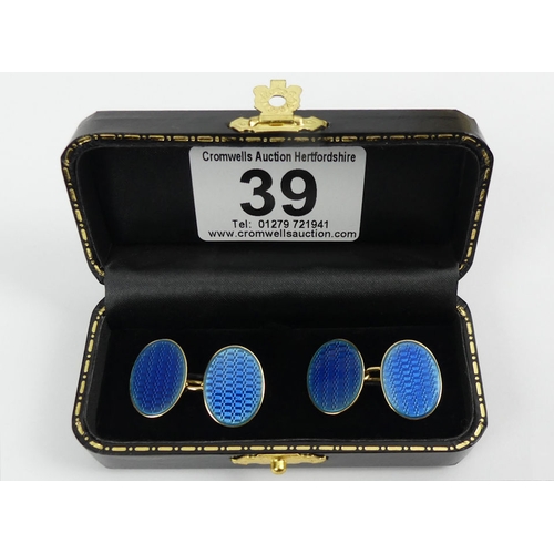 39 - A pair of 18ct gold and blue enamel cufflinks, London 1929, 11.4 grams, 18.3mm.