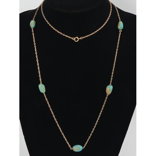 5 - 9ct rose gold and turquoise long necklace, 14.3 grams, 92cm x 2mm.