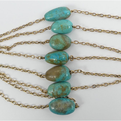 5 - 9ct rose gold and turquoise long necklace, 14.3 grams, 92cm x 2mm.