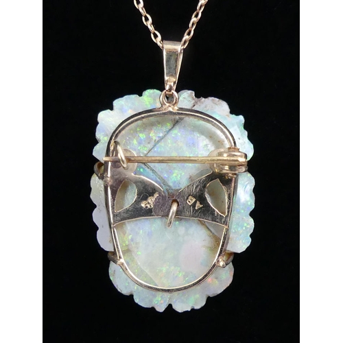 7 - 9ct gold carved opal flower design pendant and chain, 5.7 grams, chain 48cm, pendant 30mm.