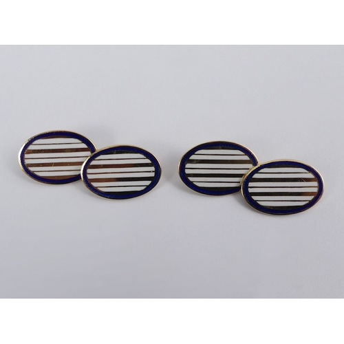 52 - A pair of 18ct gold blue and white enamel cufflinks, Birm. 1923, 9.9 grams, 11mm x 11.7mm.