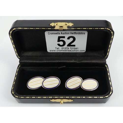 52 - A pair of 18ct gold blue and white enamel cufflinks, Birm. 1923, 9.9 grams, 11mm x 11.7mm.