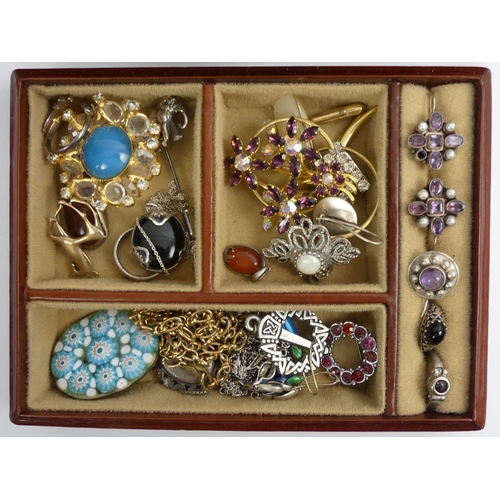 53 - A jewellery box and contents including silver rings and ladies watches.