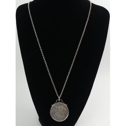 56 - Victorian 1889 silver crown pendant and chain, 44 grams, chain 70cm, 40mm in diameter.