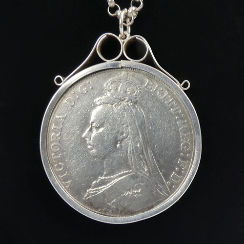 56 - Victorian 1889 silver crown pendant and chain, 44 grams, chain 70cm, 40mm in diameter.