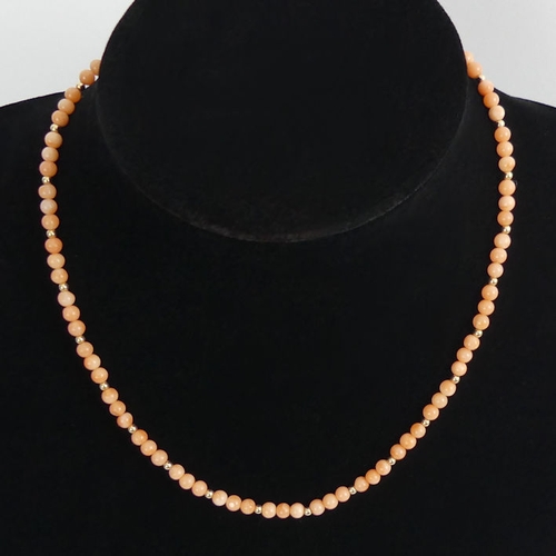 58 - 9ct gold coral bead necklace and matching bracelets, 12.8 grams, beads 4.1mm, necklace 41cm.