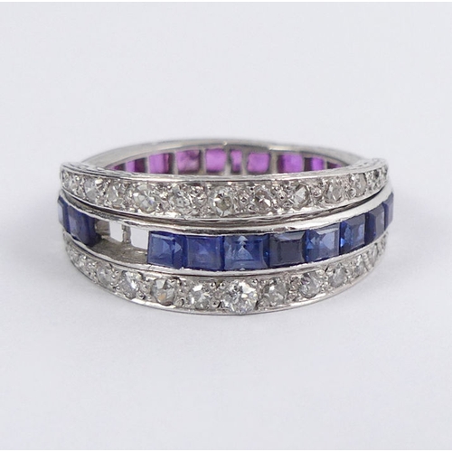 59 - Platinum (tested), ruby sapphire and diamond, night and day ring, 6.7 grams, 8mm, size M.