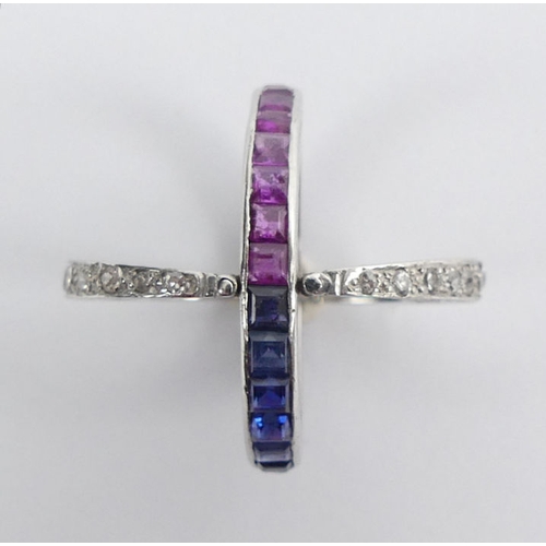 59 - Platinum (tested), ruby sapphire and diamond, night and day ring, 6.7 grams, 8mm, size M.