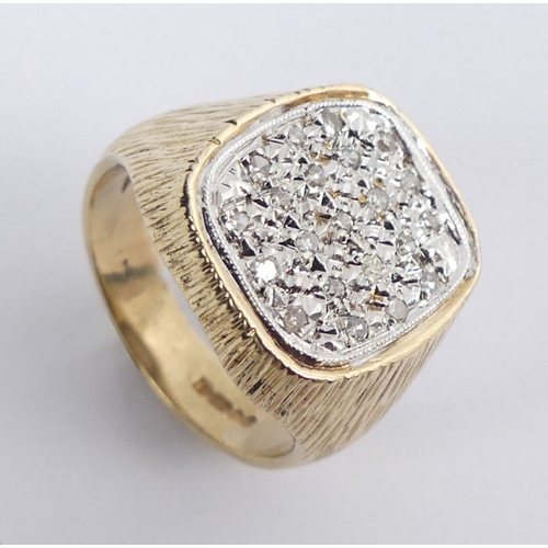 60 - 9ct gold diamond set signet ring, London 1974, 11.2 grams, 18mm, size R.