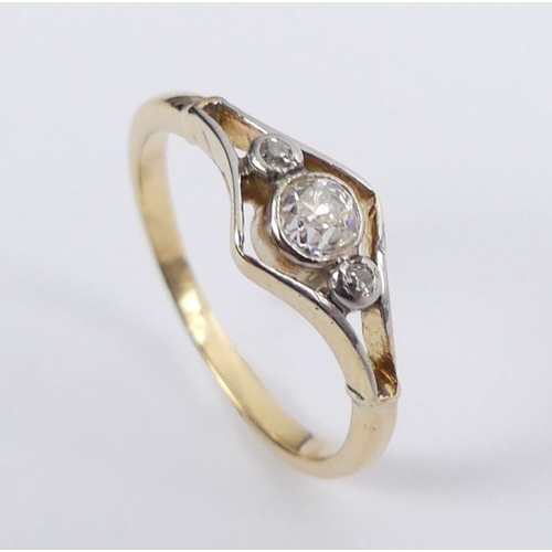 67 - 18ct gold three stone diamond ring, 1.9 grams, 6.4mm, size K.