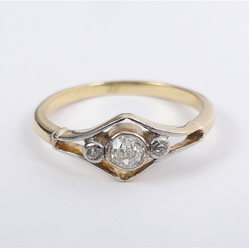 67 - 18ct gold three stone diamond ring, 1.9 grams, 6.4mm, size K.