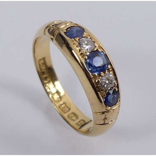 68 - Victorian 18ct gold sapphire and diamond ring, Birm.1899, 3.7 grams, 6.2mm, size O.