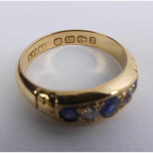 68 - Victorian 18ct gold sapphire and diamond ring, Birm.1899, 3.7 grams, 6.2mm, size O.