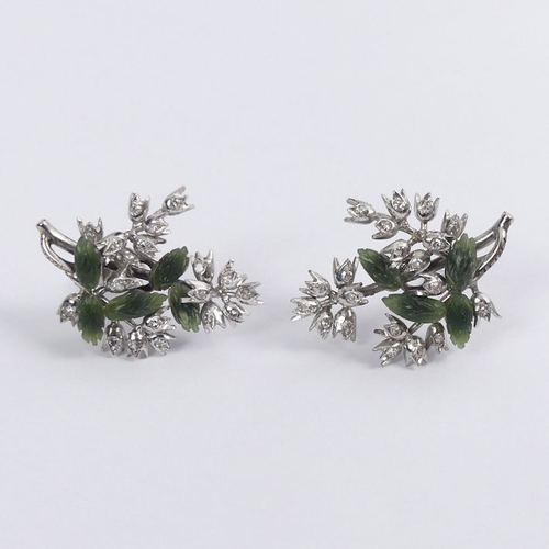 70F - 14ct white gold (tested) nephrite and white sapphire floral design earrings, 6 grams, 24.7mm x 18.5m... 