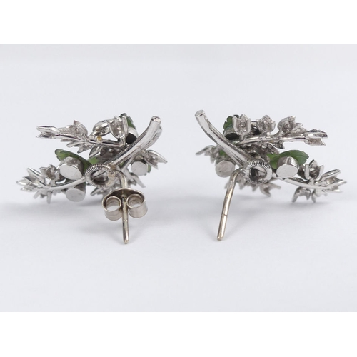 70F - 14ct white gold (tested) nephrite and white sapphire floral design earrings, 6 grams, 24.7mm x 18.5m... 