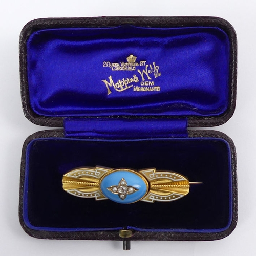 71 - Victorian gold, turquoise, seed pearl, enamel and diamond brooch, 7.1 grams, 41mm x 11mm.