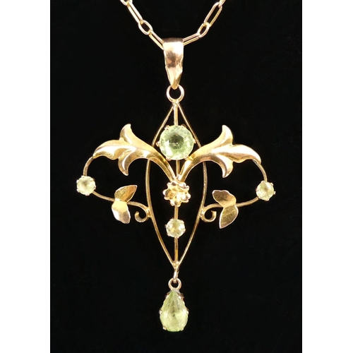 73 - 9ct gold peridot pendant and chain, 3.1 grams, chain 42cm, pendant 42mm.