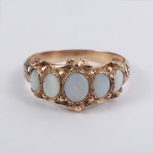 74 - 9ct rose gold, opal five stone ring, 2.7 grams, 8.7mm, size N 1/2.