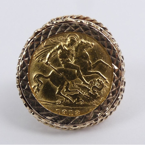 80B - 9ct gold 1913 George V half sovereign ring, 9.9 grams, 23.6mm, size K.