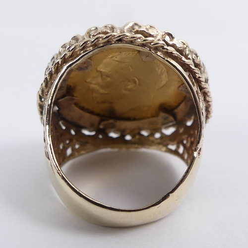 80B - 9ct gold 1913 George V half sovereign ring, 9.9 grams, 23.6mm, size K.