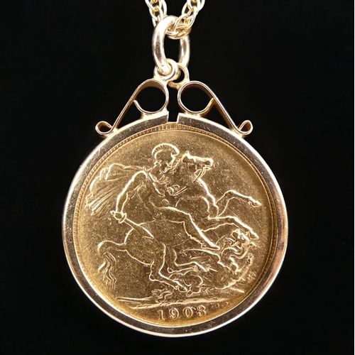 80C - 9ct gold 1903 sovereign pendant and chain, 13 grams, chain 57cm.