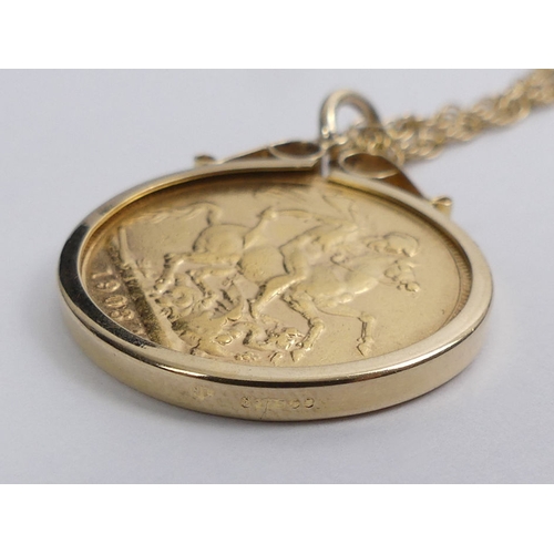 80C - 9ct gold 1903 sovereign pendant and chain, 13 grams, chain 57cm.