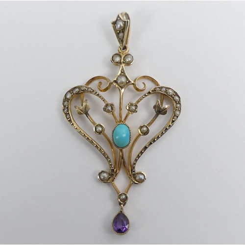 84 - 9ct gold amethyst turquoise and seed pearl Art Nouveau pendant, 3.3 grams, 55mm x 30mm.