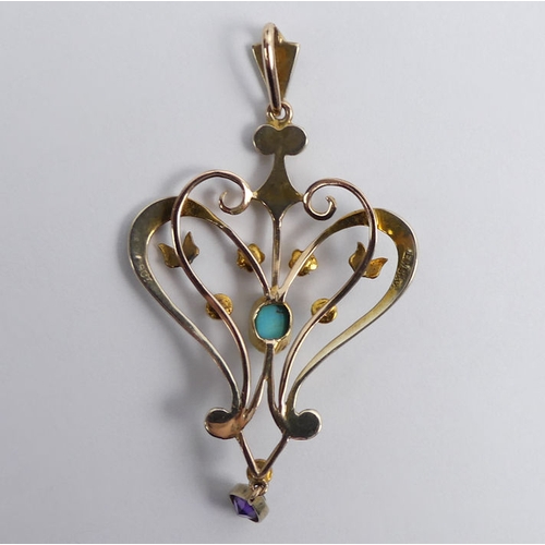 84 - 9ct gold amethyst turquoise and seed pearl Art Nouveau pendant, 3.3 grams, 55mm x 30mm.