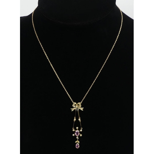 88 - 15ct gold, pink tourmaline? and seed pearl pendant necklace, 4.1 grams, 39cm, pendant 5cm.