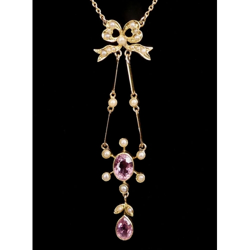 88 - 15ct gold, pink tourmaline? and seed pearl pendant necklace, 4.1 grams, 39cm, pendant 5cm.