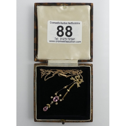 88 - 15ct gold, pink tourmaline? and seed pearl pendant necklace, 4.1 grams, 39cm, pendant 5cm.